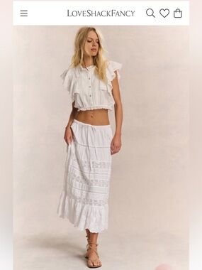 LoveShackFancy Donna Heritage Midi Skirt in white